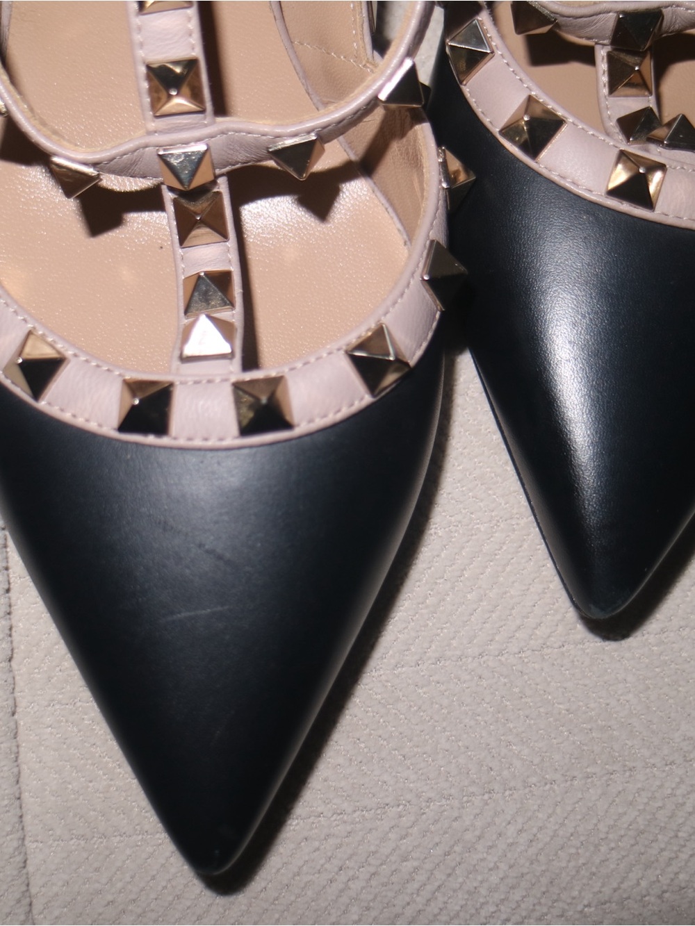Valentino Garavani Black Leather Pointed Flats with Nude Studded Straps